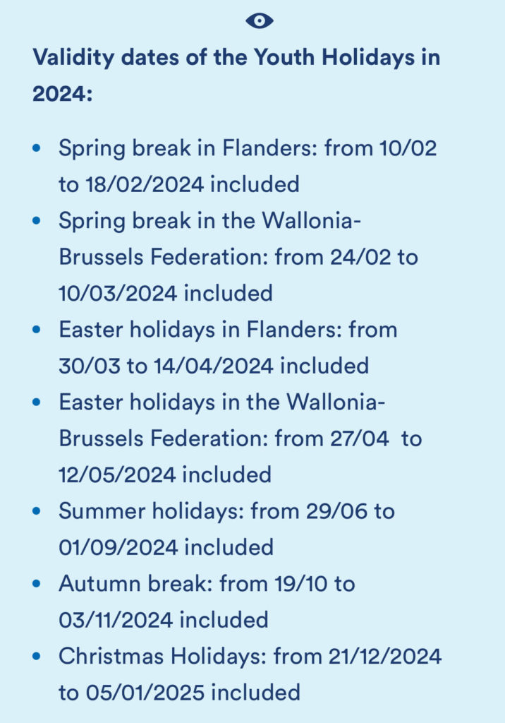 附圖是比利時火車 2024 年承認的假期時段，涵蓋許多歐洲共同的假期，仔細看看自己有沒有機會在使用期限內計畫到比利時旅遊