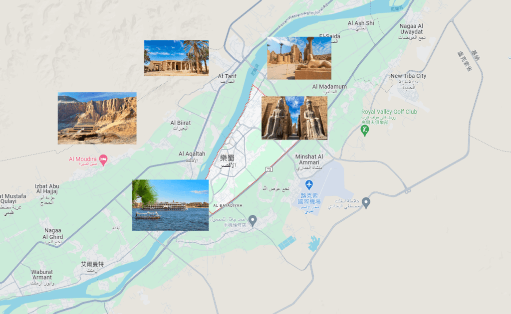 以尼羅河為界，東西岸坐落著路克索，是埃及古文明中王國時期的首都底比斯，也是埃及古文明考古遺跡、神廟現存之地