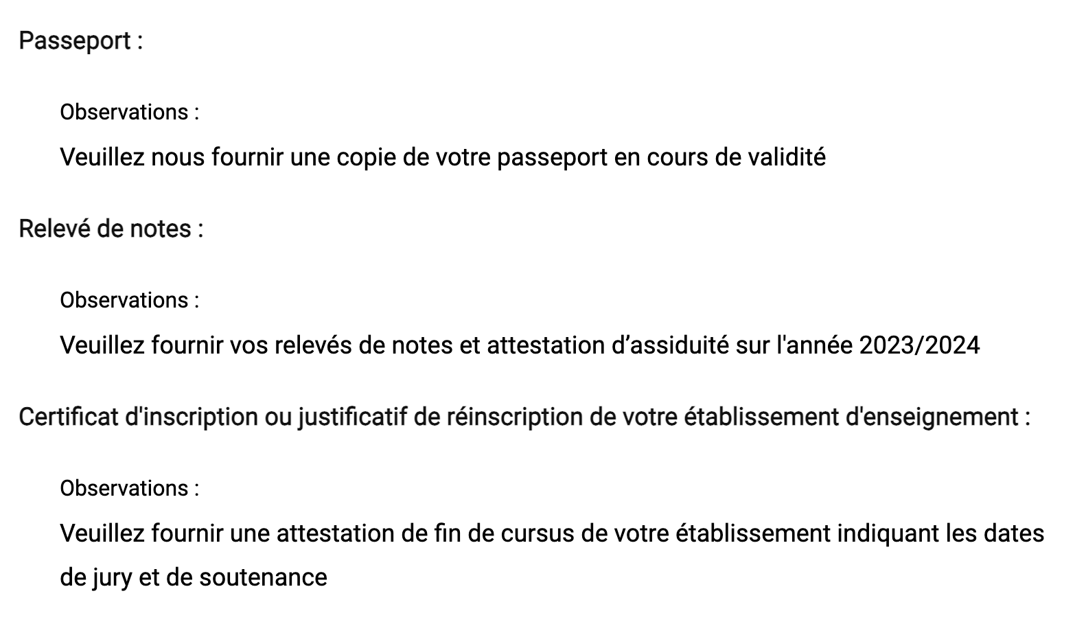 收到法國續簽補件通知，要求補交護照、成績單以及註冊證明或結業時間證明。收到通知後，我立即將信件內容轉發給學校的國際處專員