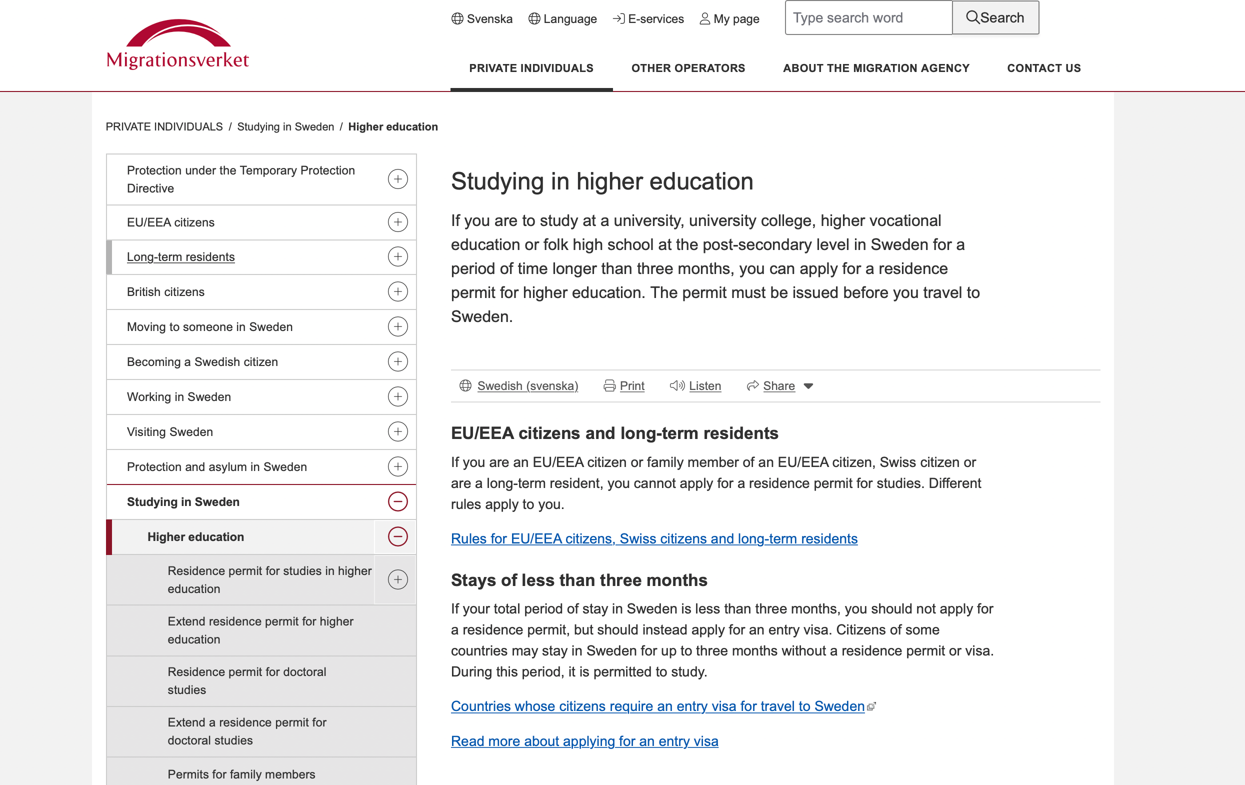 瑞典簽證申請步驟 進到網頁之後，點選 studying in sweden higher education