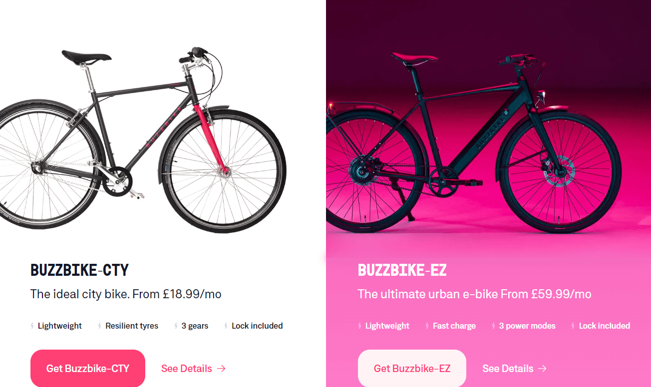 Buzzbike 是一家英國的共享單車平台，消費者只需在其網站上註冊成為會員，便可以每月 £18.99 左右的價格租用一輛自行車